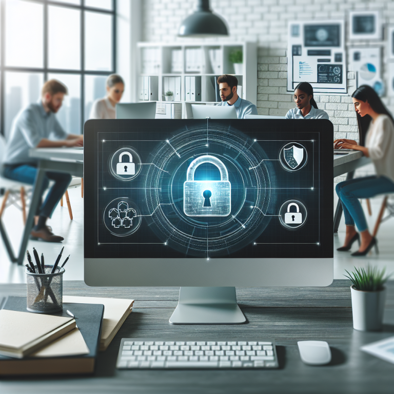 Ein modernes Büro mit einem Computer, auf dem ein Sicherheitssymbol (Vorhängeschloss) angezeigt wird. Im Hintergrund arbeiten Mitarbeiter an ihren Laptops, während ein Bildschirm mit einer Grafik zu Cybersecurity-Trends sichtbar ist.